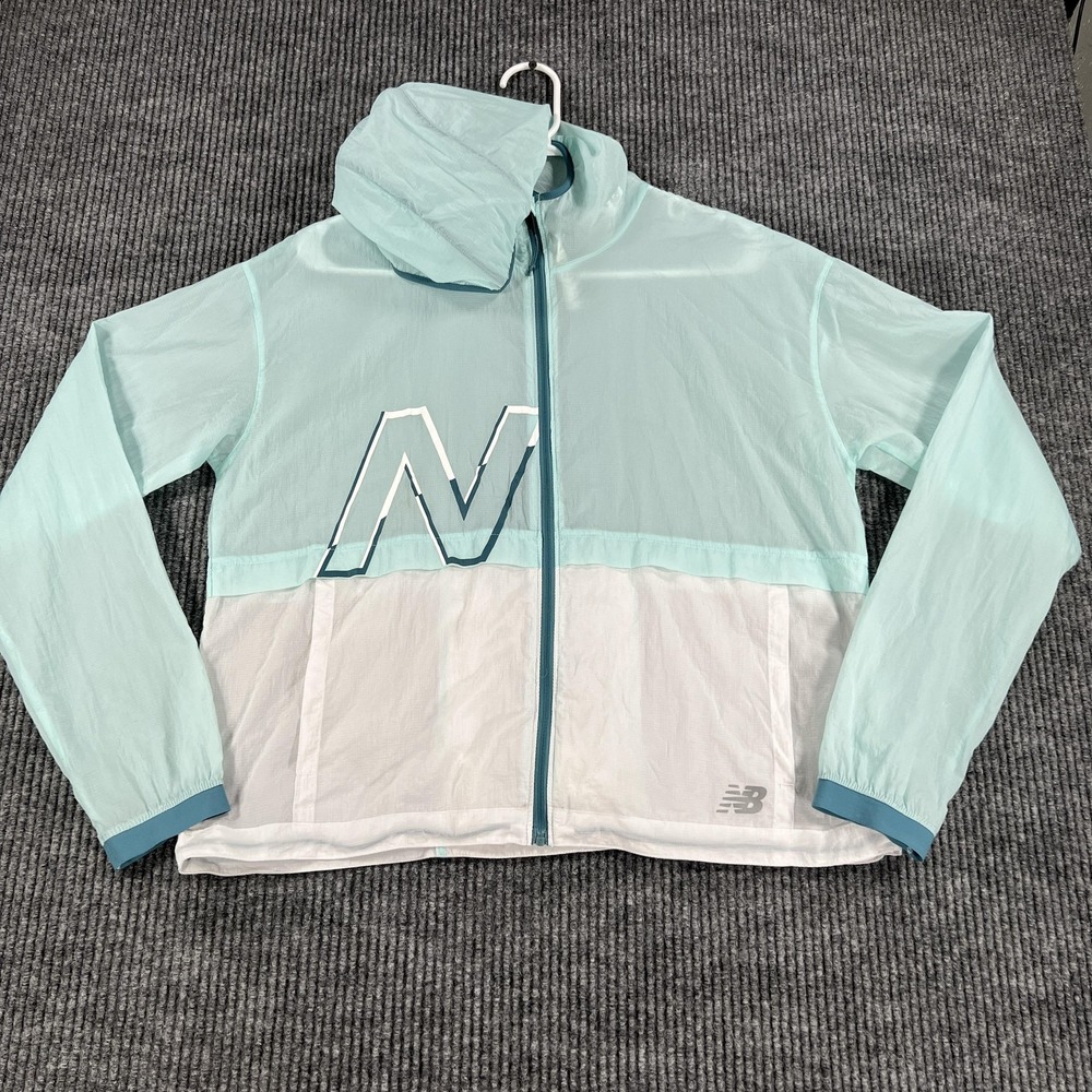 New Balance Running Jacket Womens Medium Mint White Hooded Windbreaker Full Zip